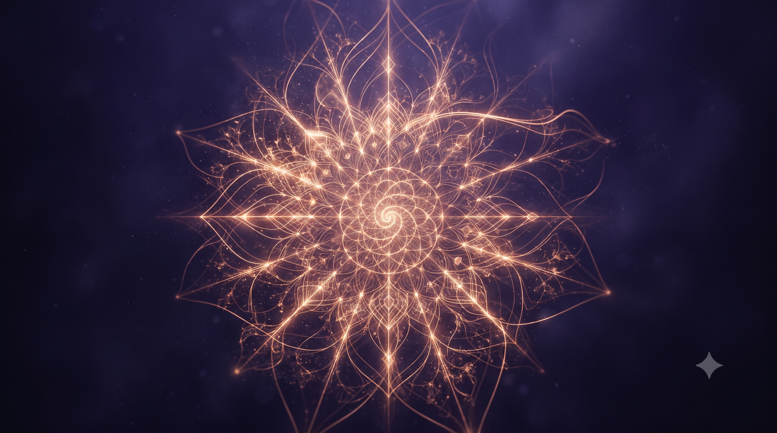 Eine abstrakte, strahlend goldene, fraktale Mandala-Grafik, die sich von einem tiefvioletten Hintergrund aus spiralförmig nach außen windet. Die Struktur erzeugt eine energetische, schwingende Ästhetik und dient als visuelles Symbol für den sich im Aufbau befindlichen „Frequenznahrung“-Blog.